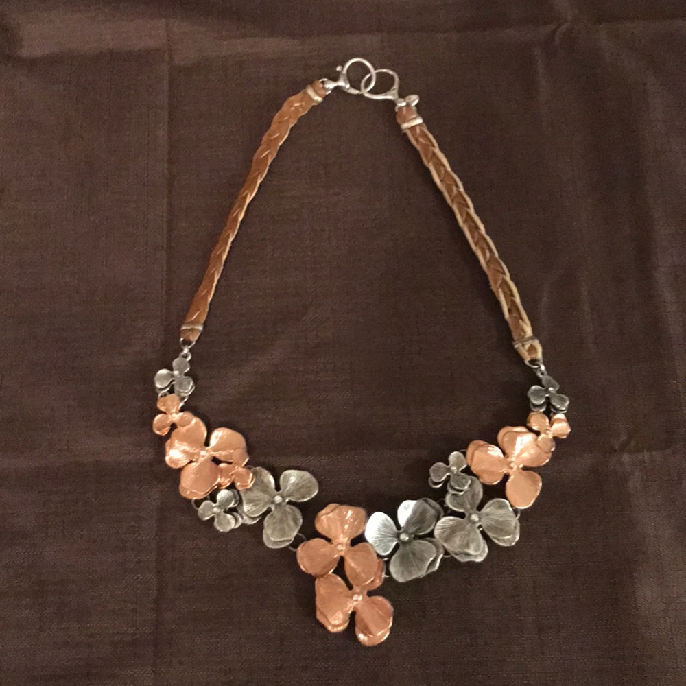 Fossil leather, silver and rose colored necklace